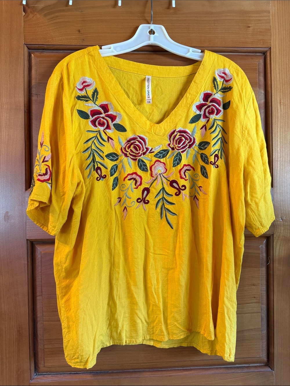 Embroidered V-Neck Floral Women’s Top - Yellow/gold